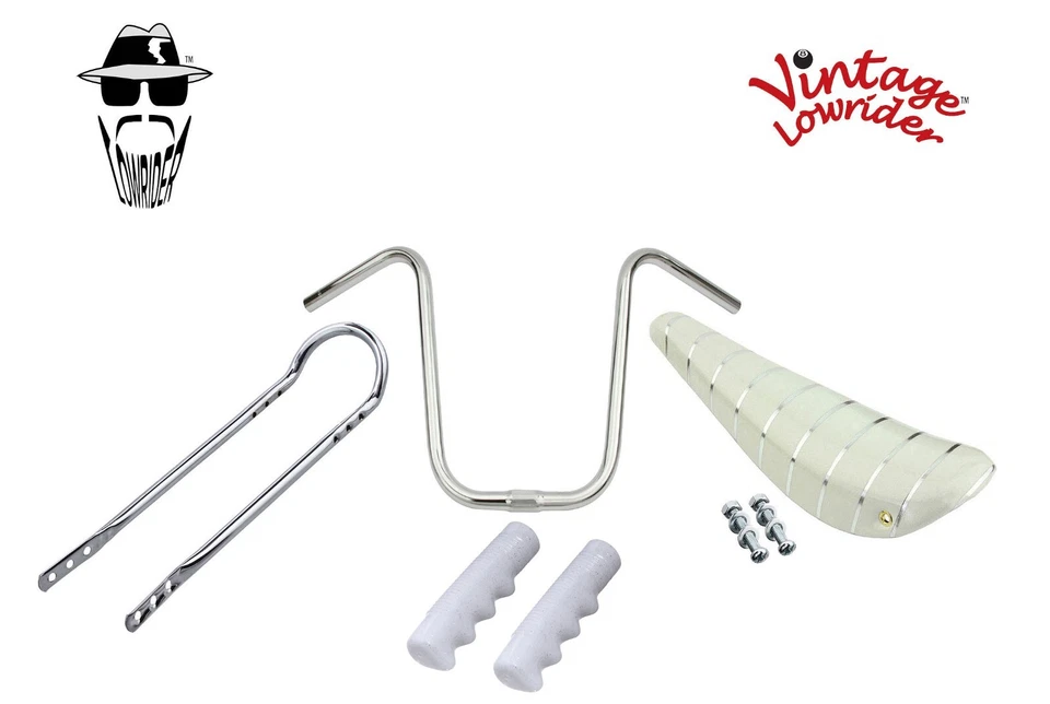 ASIENTO BANANA VINTAGE LOWRIDER BLANCO/PLATEADO 16" CON EMPUÑADURAS, SISSYBAR Y MANILLAR. Foto 1 de 1