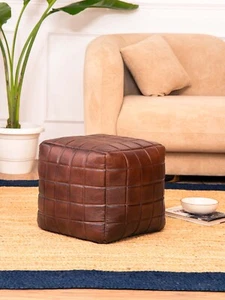 BBH HOMES HANDMADE ECO-FRIENDLY SQUARE SHAPED STUFFED BUFFALO LEATHER BROWN POUF - Picture 1 of 24