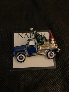 NWT Napier Gold Tone Christmas Tree & Gnome on Blue Truck Pin W/ Spinning Wheels - Picture 1 of 2
