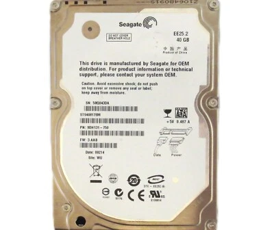 Seagate ST940817SM 9DH131-750 3.AAB (5RQ) WU China 40gb 2.5" Sata HDD 2008 - Image 1 of 3
