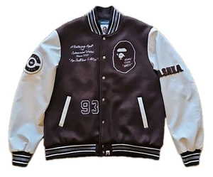 Bape A Bathing Ape Varsity Brown Full-Snap Wool/Leather Jacket Size XXL - Picture 1 of 10