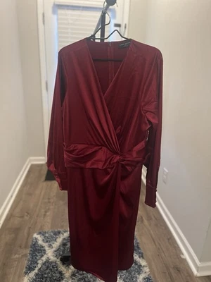 Lane Bryant Red Rhubarb Stretch Satin Knot-Front Midi Dress 18-20 New Holiday - Image 1 of 4