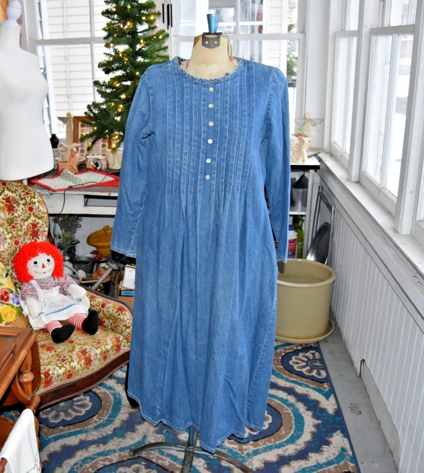 80s Studio Ease Long Thick Denim Jean Dress Pleated Button Front Western Large - Image 1 of 4