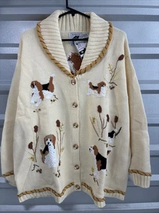 Vintage Storybook Knits Sweater Dog Theme Button Up Fuzzy Trim 3X Hand Knit - Picture 1 of 13