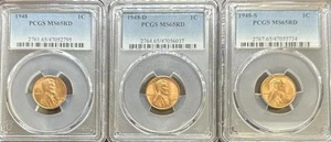 1948-P/D/S Lincoln Cent 3pc Set MS65RD PCGS (#PA47052795) - Picture 1 of 2