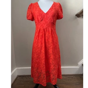 Anthropologie Leifnotes Dogflora Vibrant Coral Lace Dress Size Small - Picture 1 of 9