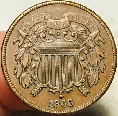 1866 Two Cent Piece 2C Ungraded Choice FULL MOTTO US Copper Coin CC28442 - Image 1 of 4