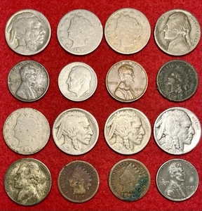 (16) US Coins 90% 35% Silver Dime V Buffalo Nickel Indian Head Cent Cull Lot #7 - Picture 1 of 2