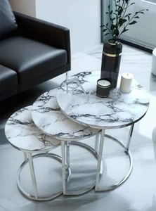 Modern White & Silver Nesting Coffee Table Set of 3 Marble Effect Living Room - Picture 1 of 2