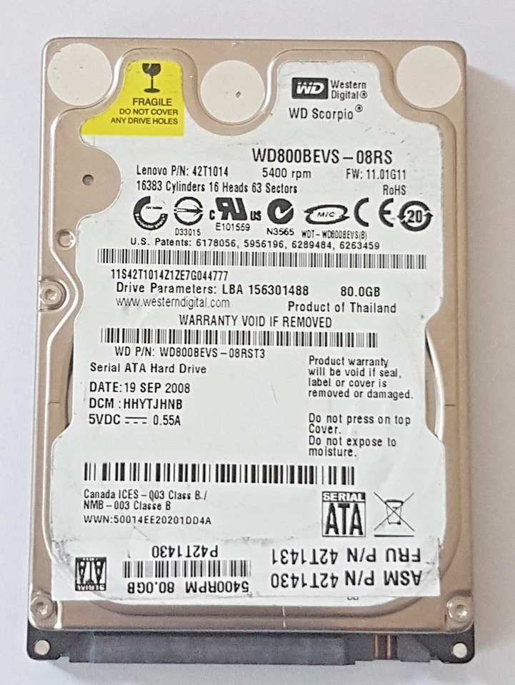 80 GB SATA Western Digital WD800BEVS-08RST3 5400rpm 8MB HDD 2.5 " Hard Drive - Image 1 of 1