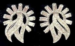 VTG POLCINI LEDO EARRINGS- SIGNED Baguette RHINESTONE Rhodium Plate - Picture 1 of 6