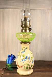 Antique Victorian French Table Oil Lamp Vaseline Uranium Glass Font Hand Painted - Picture 1 of 19