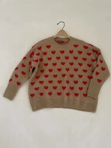 Vince Camuto M Brown & Red Heart Soft Knit Sweater Medium Tab Camel Excellent - Picture 1 of 6