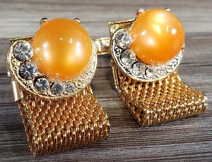 Vintage ORANGE MOONGLOW Lucite WITH RHINESTONES WRAP AROUND BULLET Cufflinks - Picture 1 of 8