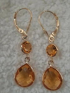 14k Yellow Gold Earrings Citrine 12×10 & 6mm Leverback - Picture 1 of 6