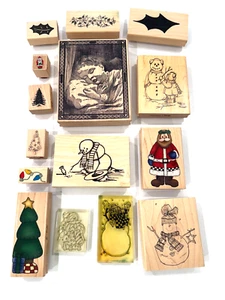 15 timbri gomma vintage anni 90 montati su legno Natale Babbo Natale, pupazzo di neve misti - Foto 1 di 13
