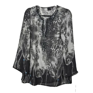 Blusa túnica negra Saks Fifth Avenue para mujer estampada cuello cerradura talla mediana - Imagen 1 de 13