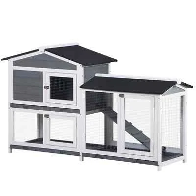 Wooden 2-Tier Rabbit Hutch w/ Tray Ramp Grey - Image 1 of 4