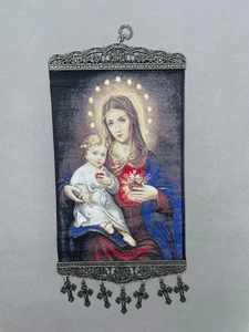 Madonna y Niño con Tapiz Sagrado Corazón Colgante de Pared con Cruces,40x19,5cm - Imagen 1 de 11