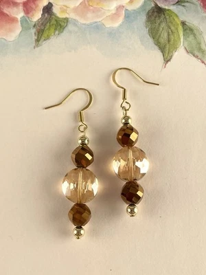 Brown Smokey Topaz Crystal Gold Dangle Earrings Handmade Artisan Womens Jewelry - Image 1 of 4