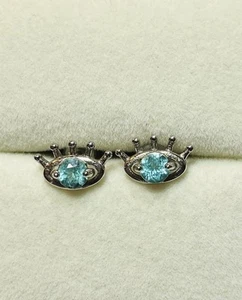 Dainty 925 Sterling Silver Natural Blue Apatite Evil Eye Stud Earrings - Picture 1 of 9