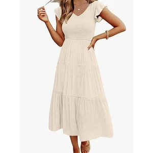 #3NWT Merokeety Light Beige Midi Dress Smocked Top Flutter Sleeves Size XL - Picture 1 of 3