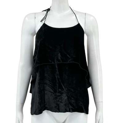 Top Alice & Olivia Mujer Pequeño Negro Marybeth Terciopelo Halter Volantes Cachicho Foto 1 de 4