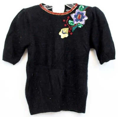 I.B. Suéter Diffusion Negro Mujer Mediano Flor Lentejuelas Manga Corta Seda Angora Foto 1 de 4