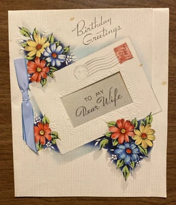 Tarjeta de felicitación vintage de los años 40 feliz cumpleaños esposa correo arco azul real flores P2C - Imagen 1 de 17