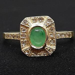 Genuine .40ctw Colombian Emerald & H-SI Diamond 14K Yellow Gold 925 Silver Ring