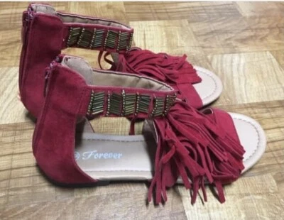 Red Fringe Faux Suede Gladiator Sandals Size 6 Ankle Strap - Image 1 of 4