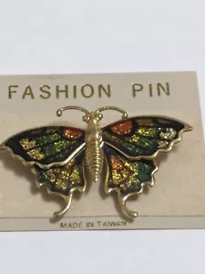 Gold Tone Multi Colored Butterfly Brooch. New. Gold, Brown & Green With Glitter - Picture 1 of 13