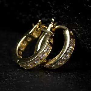 Mens Vermeil Iced One Row Cz Gold Plated Sterling Silver Huggie Hoop Earrings - Picture 1 of 4