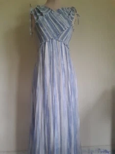 Beachy Cute Maxi Sleeveless Dress. Shirred Top Sz S/M Blue/Tan /White Muted  - Picture 1 of 6