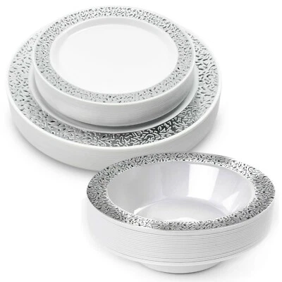 MATANA 20 Elegant White Plastic Plates with Silver Border, 26cm