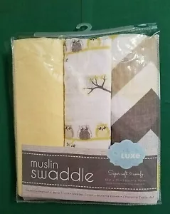 Musselin Swaddle Decken 3er Pack von Babe Luxe Eulen Hoot Hoot gelb braun NEU - Bild 1 von 4