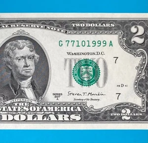 TRAILING YEAR 1999 (G 7710 1999 A) $2 Two Dollar Bill Serial Number 2017A *UNC* - Picture 1 of 4