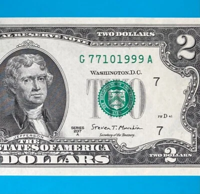 TRAILING YEAR 1999 (G 7710 1999 A) $2 Two Dollar Bill Serial Number 2017A *UNC* - Image 1 of 4