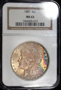 1887-P MORGAN DOLLAR/WUNDERSCHÖNE MATTIERTE GETÖNTE VORDERSEITE MIT REGENBOGEN/NGC MS63 - Bild 1 von 2