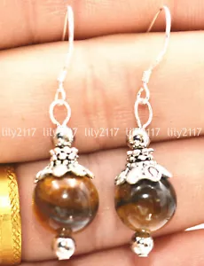 Natural 10mm Yellow Tigers Eye Round Gemstone 925 Silver Hook Dangle Earrings - Picture 1 of 3
