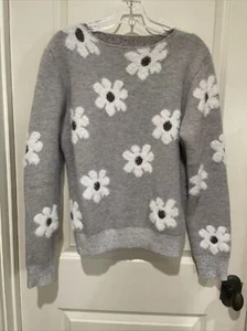 Daisies On Gray Soft Cozy 3/D Floral Knit Sweater Large NEW - Picture 1 of 4