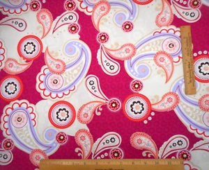 Floral Fabric 1/2 Yard Purple Cream Org Paisley on Bright Dk Pink Premium Cotton - Picture 1 of 2