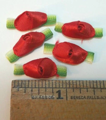 100 Pc Satin Ribbon Rosebud Flower Embellishment w/Leaf - 1"- Red, Blue, Peach - Image 1 of 1