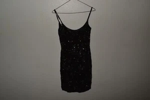 Vestido Negro Corbata Oleg Cassini Lentejuelas Cuentas Pequeño Negro Talla 2 (NRJ77) - Imagen 1 de 6