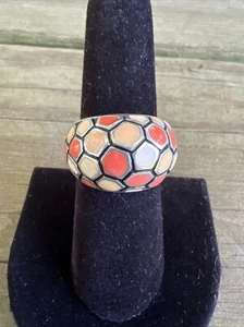 Vintage LT Sterling Silver Honeycomb Orange Enamel Design Domed Band Ring 6.75 - Picture 1 of 11