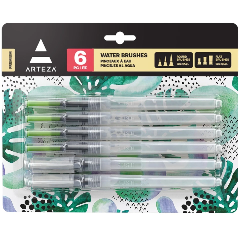 Water Brush Set of 6 Fine Medium and Broad Tips Self Moistening Portable Gift
