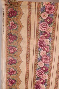 72"L x 44"W Cranston Striped Floral Theme Pink Red Flowers Vines on Brown - Picture 1 of 11