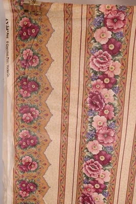 72"L x 44"W Cranston Striped Floral Theme Pink Red Flowers Vines on Brown - Image 1 of 4