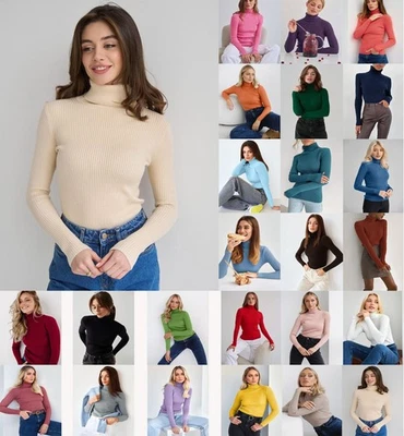 Ladies Base Layer Jumper Slim-fitting Ribbed Roll Neck Long Sleeved Sweater size - Image 1 of 4