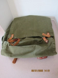 Vintage Militärähnlicher Rucksack Canvas Leder Grün Militär Lederriemen - Bild 1 von 10